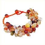 Carnelian, Agate, and Jade Nuggets and Round Beads Bracelet on Orange Cotton Thread, 7"-8" Adjustabl