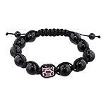 10mm Red and Blue Enamel Flower and 10mm Black Onyx Beads 11 Bead Shamballa Bracelet with Black Stri