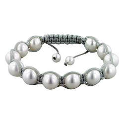 10mm Cultured Freshwater White Pearl and Grey String 12 Bead Shamballa Bracelet