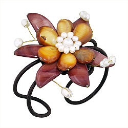 Dyed Brown Mother of Pearl Blooming Flower Adjustable Length Cuff Bracelet