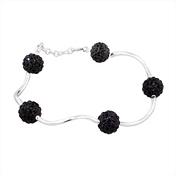 Sterling Silver and Black Crystal Glass Disco Ball Wave Bracelet, 7"