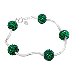 Sterling Silver and Green Crystal Glass Disco Ball Wave Bracelet, 7"