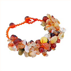 Carnelian, Agate, and Jade Nuggets and Round Beads Bracelet on Orange Cotton Thread, 7"-8" Adjustabl