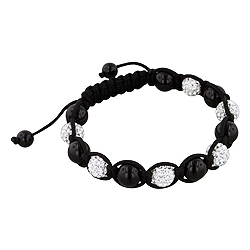 8mm Black Onyx and White Rhinestone Disco Ball Beads 13 Bead Shamballa Bracelet with Black String