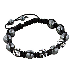 8mm Hematite and Striped White-Black Disco Ball Beads 11 Bead Shamballa Bracelet with Black String