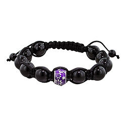 11.5mm Daisies on Purple Enamel Bead and 10mm Black Onyx Beads 11 Bead Shamballa Bracelet with Black