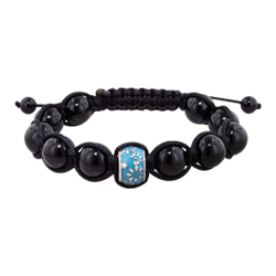 11.5mm Daisies on Blue-Teal Enamel Bead and 10mm Black Onyx Beads 11 Bead Shamballa Bracelet with Bl