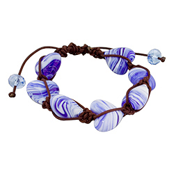 Heart Shaped Blue and White Murano Glass Beads and Brown String 7 Bead Shamballa Bracelet