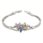 Sterling Silver Three Flowers Bracelet with Yellow-Blue-Pink Mother of Pearl