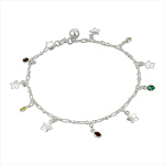 Sterling Silver Anklet with Stars and Multicolor Oval Crystal Charms