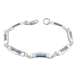 Sterling Silver Curved Links Bracelet with Blue Mother of Pearl