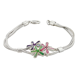 Sterling Silver Three Flowers Bracelet with Pink-Green-Purple Mother of Pearl