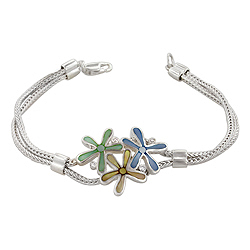 Sterling Silver Three Flowers Bracelet with Blue-Yellow-Green Mother of Pearl