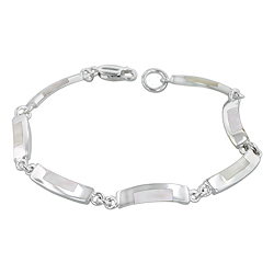 Sterling Silver Curved Links Bracelet with White Mother of Pearl