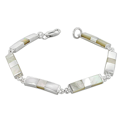 Sterling Silver Rectangilar Links Bracelet with White Mother of Pearl