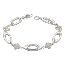 Sterling Silver Oval and Square Links Bracelet with White Mother of Pearl