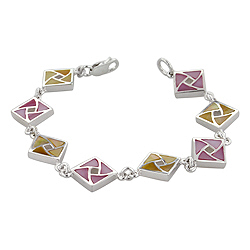 Sterling Silver Square Links Bracelet with Pink and Yellow Mother of Pearl