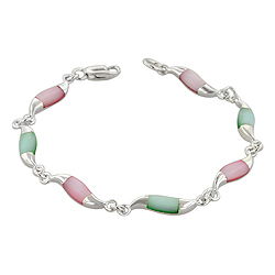 Sterling Silver Waves Bracelet with Pink and Green Mother of Pearl
