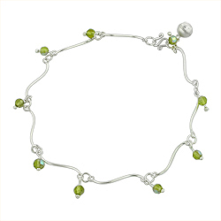 Sterling Silver Wave Anklet with Green Crystal Charms