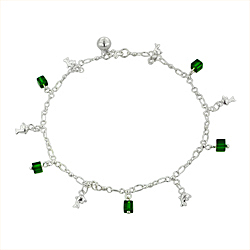 Sterling Silver Anklet with Dolphin and Green Crystal Cube Charms