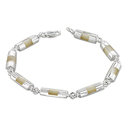Sterling Silver Half-Cylinder Links Bracelet with White Mother of Pearl