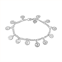 Sterling Silver Curb Chain Bracelet with Peace Sign Charms
