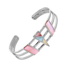 Sterling Silver Cuff with Multicolor Triangular and Rectangular Mother of Pearl Inlays
