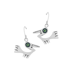 Sterling Silver Pelican Dangle Earrings with Green Enamel Eye
