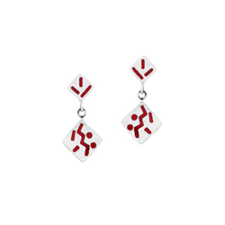 Sterling Silver Two Connected Squares Stud Earrings with Red Enamel Abstract Pattern