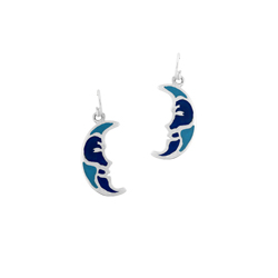 Sterling Silver Moon Dangle Earrings with Blue Enamel Inlays