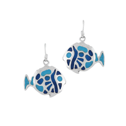 Sterling Silver Round Fish Dangle Earrings with Blue Enamel Inlays