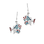 Sterling Silver Two Fish Dangle Earrings with Blue and Red Enamel Inlays